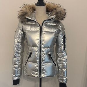 SAM. Metallic Silver Puffer Jacket with Faux Fur Trim